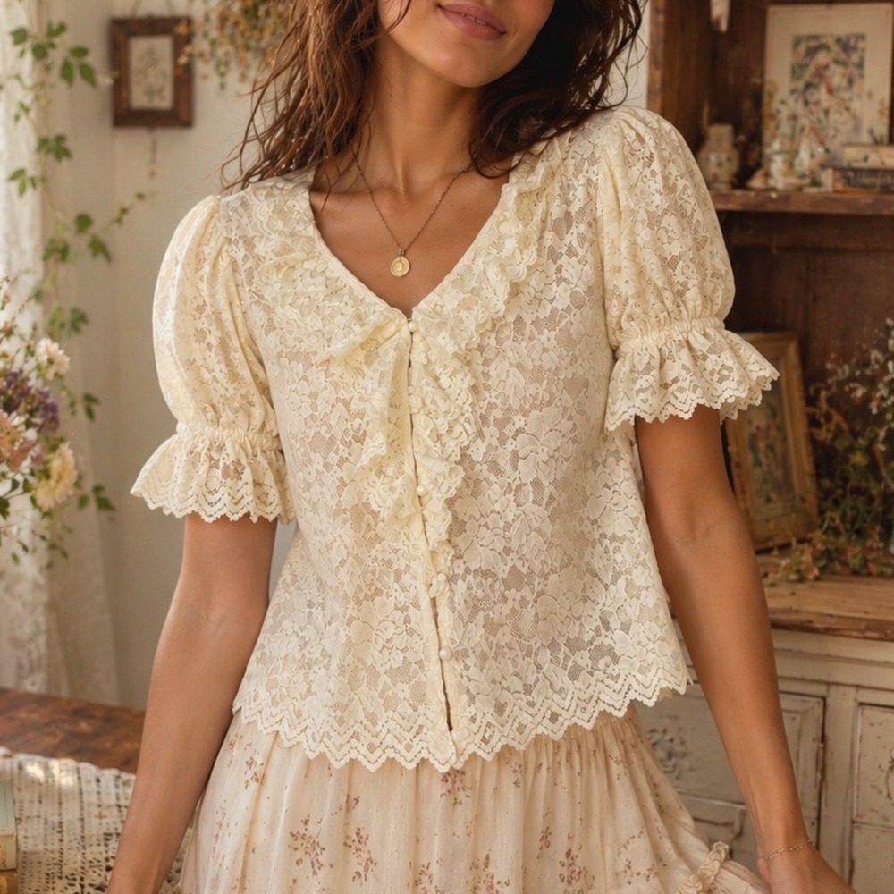 Ultra Pink Cream Floral Lace Ruffle Cardigan Top Short Sleeve Sheer Romantic qq